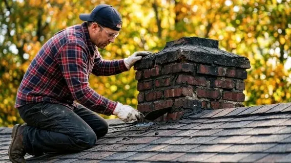 Mason rebuilding a tall chimney crown on an Atlantic Highlands home